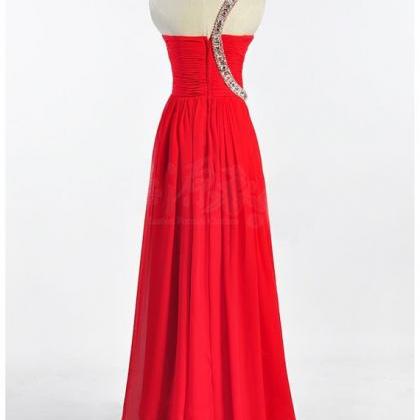 A-line Long Ruched One-shoulder Crystal Chiffon..
