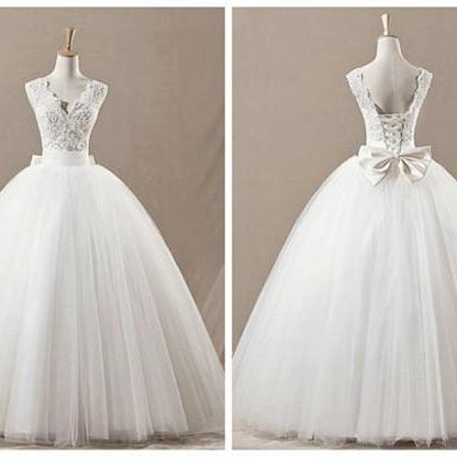 A-line V-neck Bead Sequins Bow Tulle Wedding..