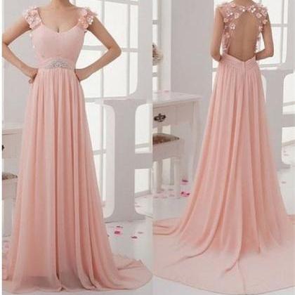 A Line Scoop Open Back Chiffon Short Sleeves Appliques Prom Dress LBQ3793 main image 1