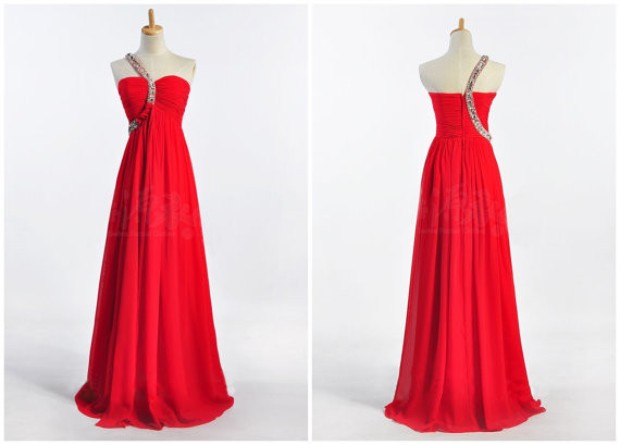 A-line Long Ruched One-shoulder Crystal Chiffon Prom Dresses