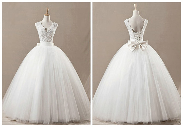 A-line V-neck Bead Sequins Bow Tulle Wedding Dresses